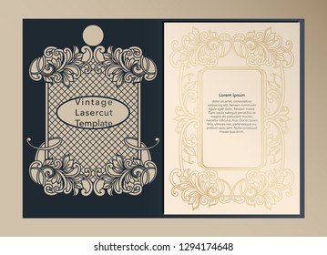 Decorative cover, folder, form A-4 format for laser cutting. Art Nouveau ornament design for wedding packaging, invitations, romantic party. Vector illustration.
