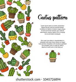 Decorative cover with hand drawn colored cartoon doodle cactus in pots. Background, wallpaper, texture, backdrop cacti. Template for printing web design, packaging, cover, postcard, advertising