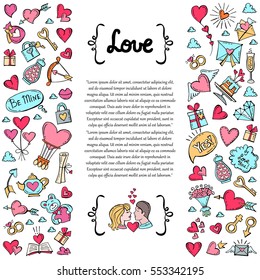 Decorative cover with hand drawn colored symbols of Valentine's Day on white background. Illustration on the theme of love, feelings, relationships, wedding. Vector background for use in design