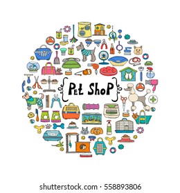 Decorative cover with hand drawn colored goods for pets on white background. Illustration on the theme of pet shop, animals. Vector background for use in design