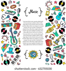 Tapa decorativa con símbolos de música pintados a mano sobre fondo blanco. Ilustración sobre el tema del karaoke. Fondo vectorial para uso en diseño