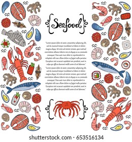 Decorative cover with hand drawn colored seafood and sushi on white background. Illustration on the theme of food. Vector background for use in design