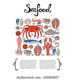 Decorative cover with hand drawn colored seafood on white background. Illustration on the theme of food. Vector background for use in design