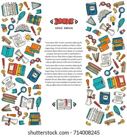 Decorative cover with hand drawn colored books. Illustration on the theme of education. Vector background for use in design