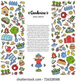 Decorative cover with hand drawn colored symbols of gardening and nature on white color. Vector background for use in design