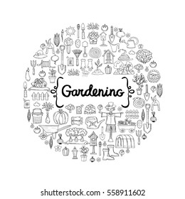 Decorative cover with hand drawn isolated symbols of garden on white background. Illustration on the theme of gardening, garden tools, agriculture, harvest. Vector background for use in design