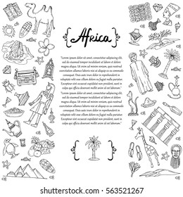 Decorative cover with hand drawn isolated symbols of Africa on white background. Illustration on the theme of travel and tourism. Vector background for use in design