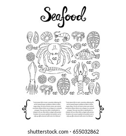 Decorative cover with hand drawn isolated seafood on white background. Illustration on the theme of food. Vector background for use in design