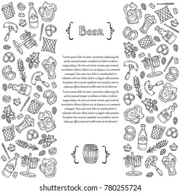 Decorative cover with hand drawn isolated symbols of beer and food white color. Vector background for use in design
