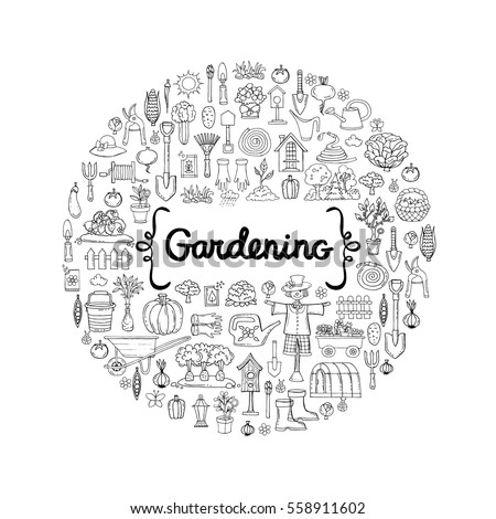 Decorative cover with hand drawn isolated symbols of garden on white background. Illustration on the theme of gardening, garden tools, agriculture, harvest. Vector background for use in design