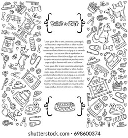 Decorative cover with hand drawn products for dogs and cats on white background. Illustration on the theme of pet shop. Vector background for use in design