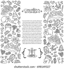 Decorative cover with hand drawn symbols of recreation and nature on white background. Illustration on the theme of travel and tourism. Vector background for use in design