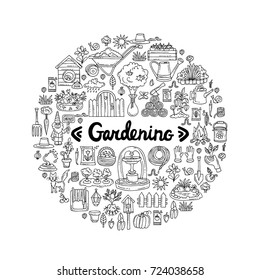 Decorative cover with hand drawn symbols of garden on white color. Illustration on the theme of gardening, garden tools, agriculture, harvest. Vector background for use in design