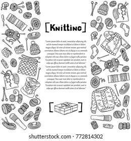 Decorative cover with hand drawn symbols of knitting on white background. Illustration on the theme of fashion. Vector background for use in design
