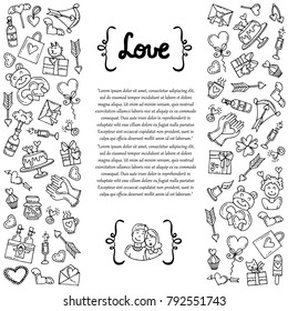 Decorative cover with hand drawn symbols of Valentine's Day on white background. Illustration on the theme of love. Vector background for use in design
