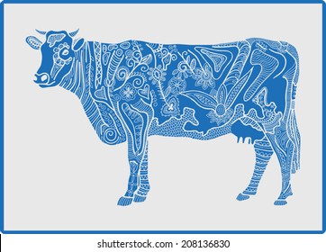 Decorative cow, detailed lace pattern, ethnic floral and geometric ornament, vector illustration