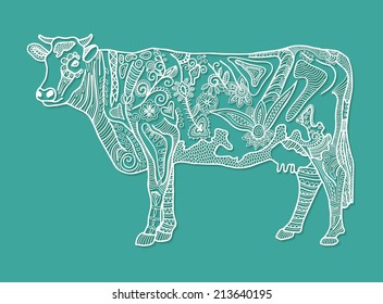 Decorative cow, detailed lace pattern, ethnic floral and geometric ornament, vector illustration