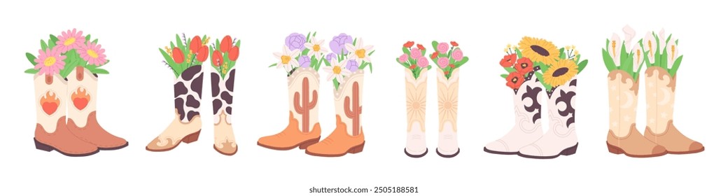 Decorative cowboy boots bouquets. Flowers in shoes, garden decoration elements. Western style, fashion accessories for home, racy vector set