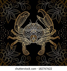 Decorative crab, patterned design, vector sketch ornament gold on black, lace pattern