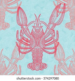 Decorative crayfish and crab. Hand drawn vector illustration. Seamless pattern.