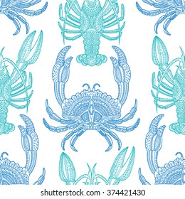 Lagostins e caranguejo decorativos. Ilustração de vetor desenhada à mão. Padrão contínuo.