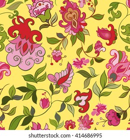 Decorative creative floral boho seamless pattern with flowers. Vector illustration. Summer floral vector seamless pattern. Seamless pattern with doodle flowers. Vector illustration. Yellow seamless 