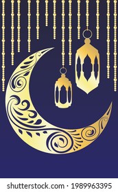Decorative crescent moon and arabic lantern design.