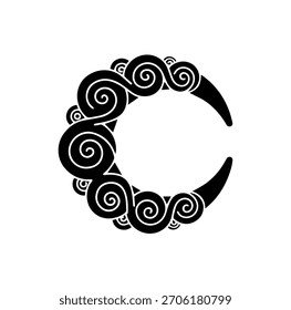 Decorative Crescent Moon and Cloud Swirls Silhouette Celestial vector illustration Art