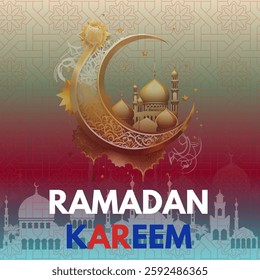 A decorative crescent moon with intricate golden patterns, featuring a mosque inside. A combination of gold, white, and blue colors create a vibrant yet elegant design. Eps file.