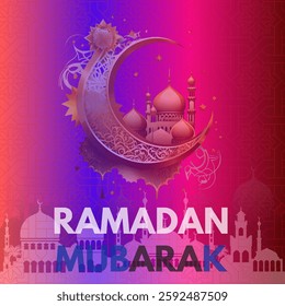 A decorative crescent moon with intricate golden patterns, featuring a mosque inside."RAMADAN KAREEM" is written in bold white and red, blue letters. A combination of gold, white, and blue colors dark