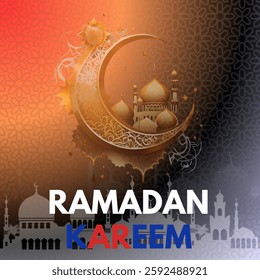 A decorative crescent moon with intricate golden patterns, featuring a mosque inside. A combination of gold, white, and blue colors create a vibrant yet elegant design. RAMADAN KAREEM