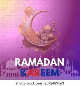 A decorative crescent moon with intricate golden patterns, featuring a mosque inside. A combination of gold, white, and blue colors create a vibrant yet elegant design. RAMADAN KAREEM Eps file.