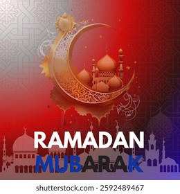A decorative crescent moon with intricate golden patterns, featuring a mosque inside. A combination of gold, white, and blue colors create a vibrant yet elegant design. RAMADAN KAREEM Eps file.
