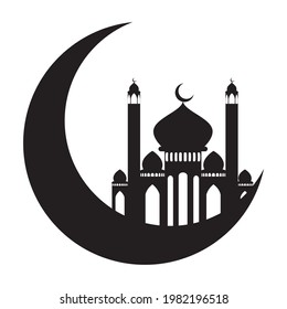 Decorative crescent moon and Muslim temple, mosque design.