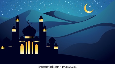 Decorative Crescent Moon And Muslim Temple, Mosque Design.