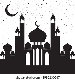 Decorative crescent moon and Muslim temple, mosque design.
