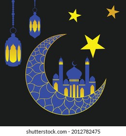 Decorative crescent moon and Muslim temple, mosque design.