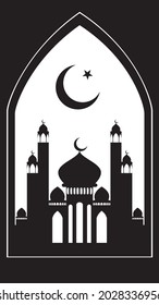 Decorative crescent moon and Muslim temple, mosque design.