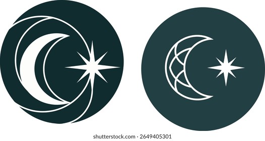 Lua Crescente Decorativa e Ícones de Estrela - Símbolo Islâmico e Celestial Definido em Emblemas Circulares