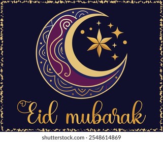  a decorative crescent moon, stars, and "Eid Mubarak" text in gold and purple. Islamic Style Greeting Background.