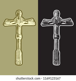 Decorative cross - bikers emblem with crucifix, wings, motorcycle steering, wheel. Vector graphic illustration in vintage black, white and gold engraving style, design element of motorbikers culture.
