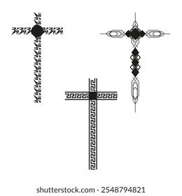 Decorative cross icon. Black pattern symbol. Geometric religious art. Vector illustration.