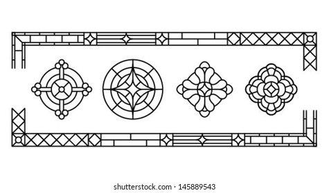 Decorative cross, a set of classic stained glass window design silhouettes, vector illustration 