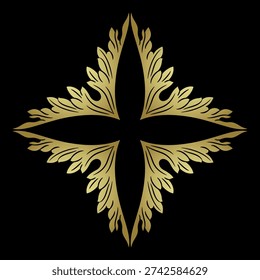 Decorative cross shape element with vintage floral motifs. Square geometrical design with stylized leaves. Golden glossy silhouette on black background