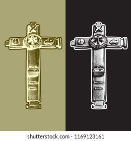 Decorative cross souvenir - crucifix with medical emblems. Vector graphic illustration in vintage black, white and gold engraving style. 