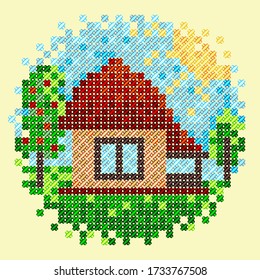 Decorative cross-stitch. Cozy house in the garden. Picture for interior decoration, albums, magazines, cards for needlework, creativity.