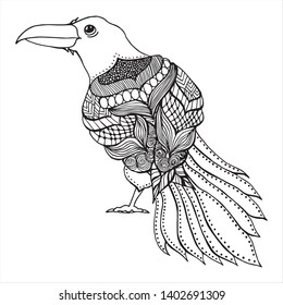 Decorative crow with beautiful feathers. Abstract bird in hand drawn style. Isolated bird for coloring book. Black and white. Logo , symbol.
