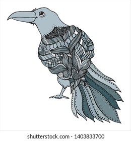 Decorative crow in gray colors with beautiful feathers. Abstract bird in hand drawn style. Isolated bird for print .