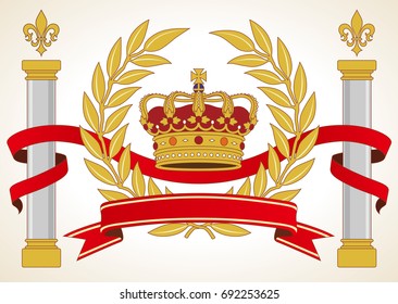 Decorative Crown and laurel, ribbon, vector illustration