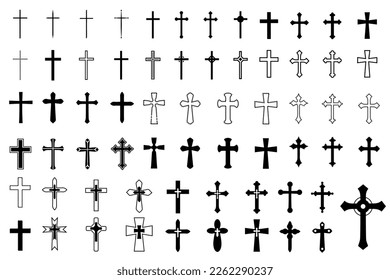 Decorative crucifix religion catholic symbol, Christian crosses. orthodox faith church cross icons design, isolated flat set.